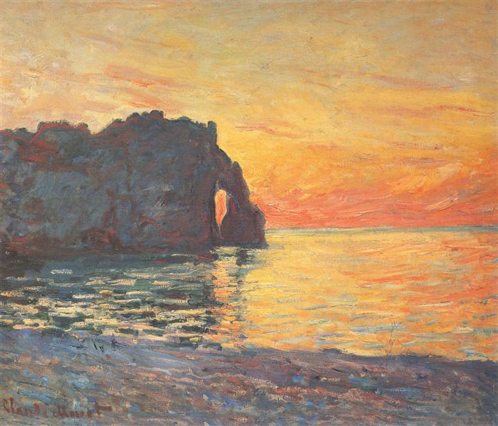 Etretat%2C+Cliff+of+d%60Aval%2C+Sunset+by+Claude+Monet