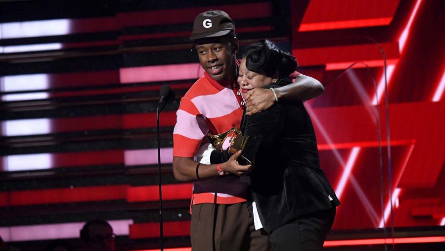 LOS ANGELES, CALIFORNIA - JANUARY 26: (L-R) Tyler, the Creator and his mother accept the Best Rap Album award for Igor onstage during the 62nd Annual GRAMMY Awards at Staples Center on January 26, 2020 in Los Angeles, California. (Photo by Kevork Djansezian/Getty Images)