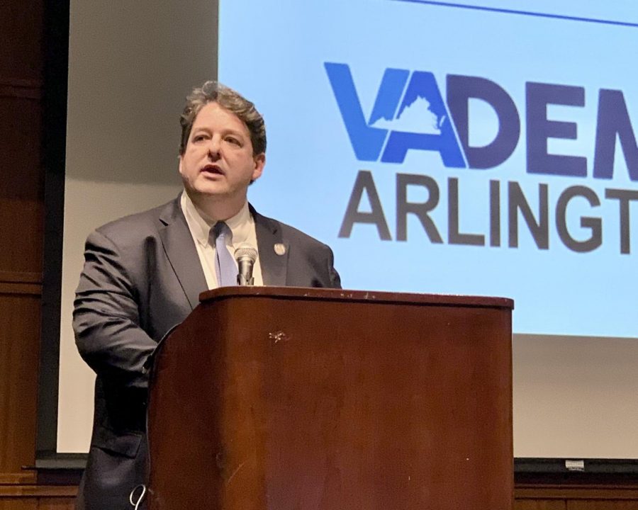 Delegate Alfonso Lopez speaking to a gathering of Democrats in Arlington, VA